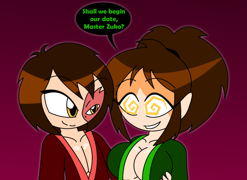 aged_up aura avatar_the_last_airbender bangs breast_grab brown_hair cleavage collarbone eyebrows_visible_through_hair femsub happy_trance hypnoscream jin kimono large_breasts love maledom nickelodeon open_clothes scar short_hair simple_background smile speech_bubble spiral_eyes text tied_hair yellow_eyes zuko