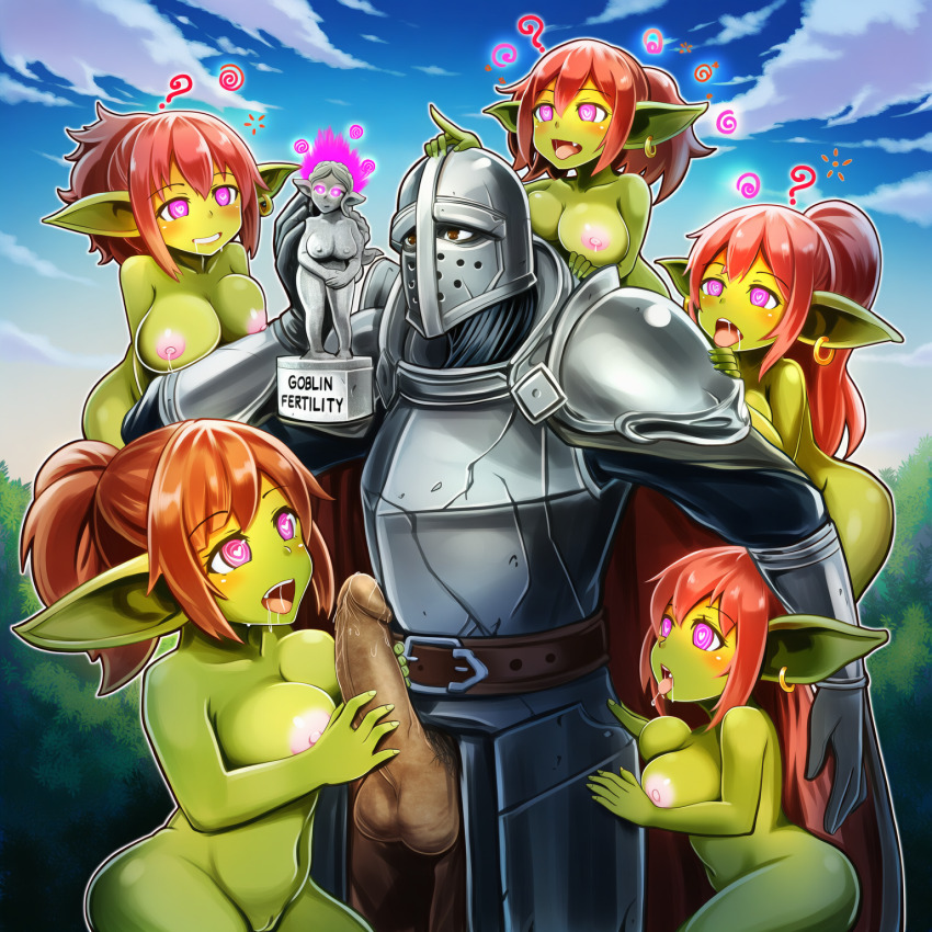 ahegao ai_art armor belt cape drool earrings english_text fellatio femsub gloves glowing_eyes goblin_girl heart heart_eyes hellsing002_(generator) knight large_breasts long_hair love maledom multiple_girls nipples nude outdoors penis pink_eyes ponytail pussy shortstack statue tongue tongue_out updo