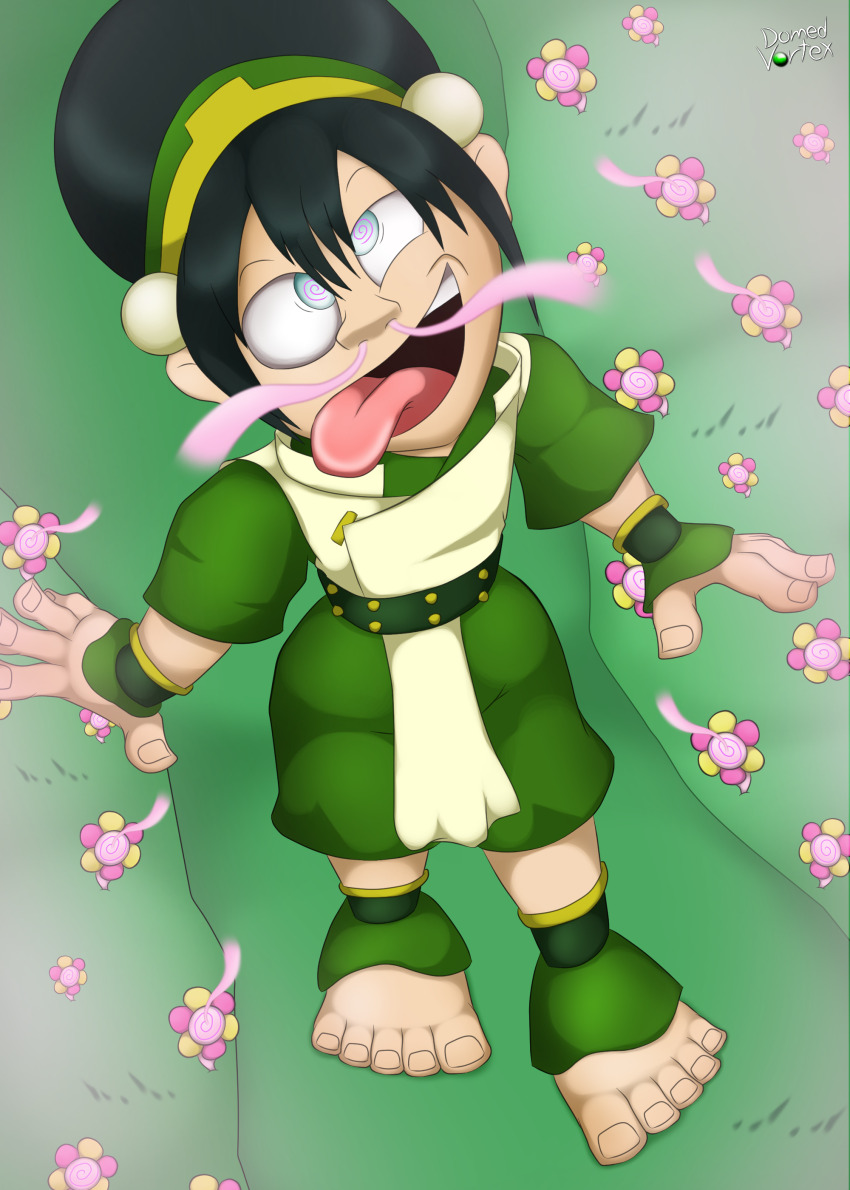 absurdres avatar_the_last_airbender barefoot black_hair crossed_eyes domedvortex feet femsub flower happy_trance hypnotic_flower hypnotic_smell nickelodeon outdoors solo spiral_eyes tongue tongue_out toph