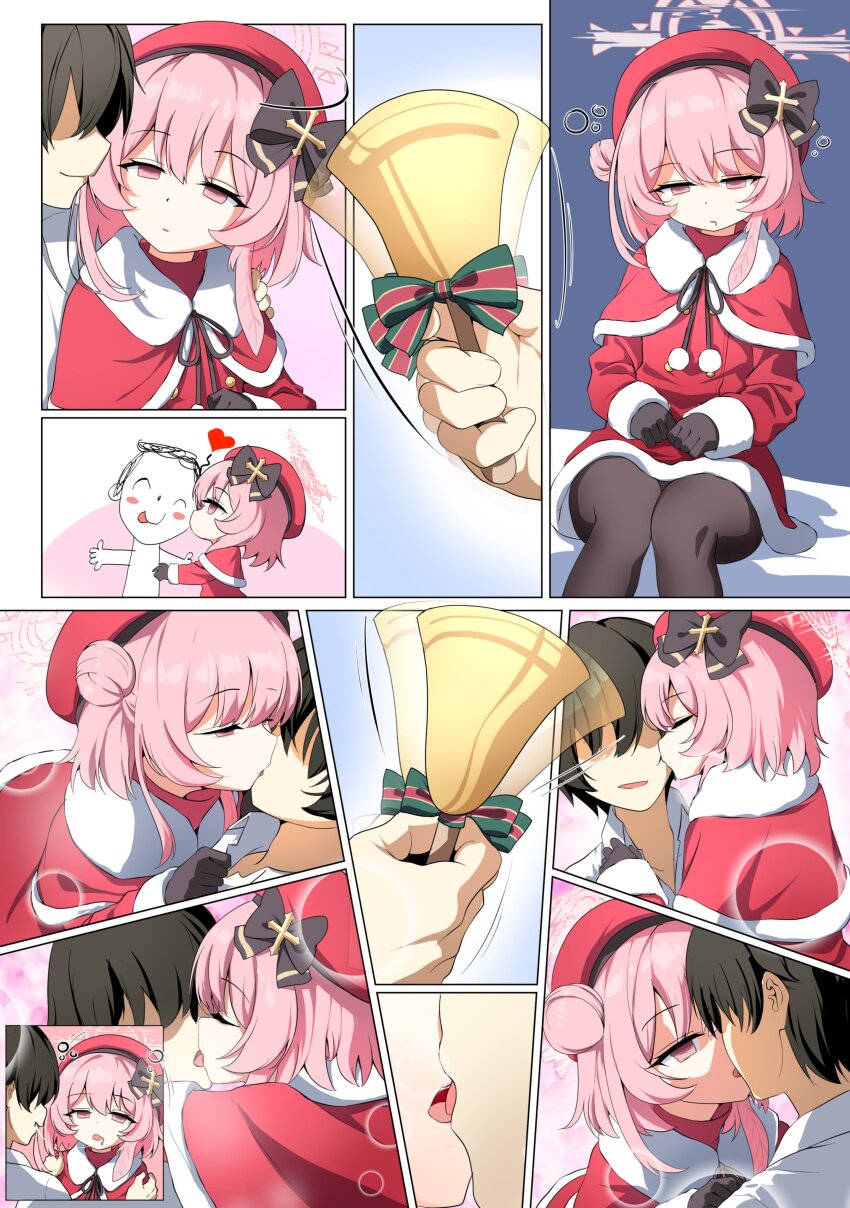 bell beret blue_archive boots comic dazed empty_eyes etlabsotwe expressionless femsub gloves halo hypnotic_orb kissing maledom pantyhose pink_eyes pink_hair santa_costume sensei_(blue_archive) serina_(blue_archive) sitting trigger