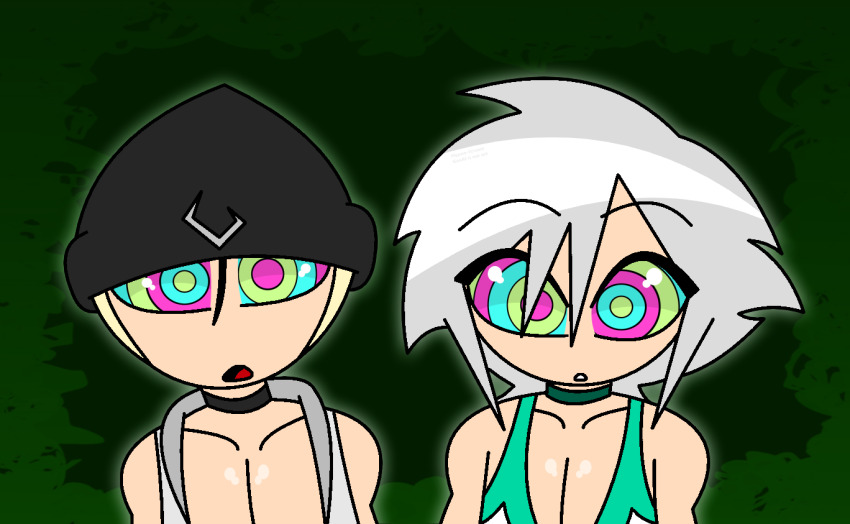 aged_up alternate_costume androgynous_dom bare_shoulders beanie blonde_hair choker collarbone disney expressionless eyebrows_visible_through_hair final_fantasy final_fantasy_viii green_background hypnoscream kingdom_hearts looking_at_viewer male_only malesub multicolored_eyes multiple_boys open_clothes open_mouth pov_dom riku ring_eyes seifer_almasy shiny_hair shiny_skin short_hair silver_hair tank_top vest