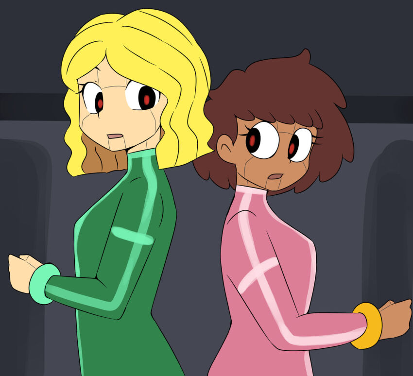 amphibia anne_boonchuy blonde_hair bodysuit brown_hair carrie_(total_drama) dark_skin disney lirudraw open_mouth red_eyes robotization short_hair simple_background total_drama