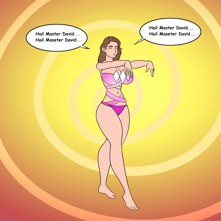 bare_legs bare_shoulders barefoot brown_hair cleavage dialogue english_text expressionless femsub katsiika kimberly_ann_hart large_breasts lingerie long_hair maledom midriff mighty_morphin_power_rangers panties pink_lipstick power_rangers spiral spiral_background super_hero tech_control text underwear western yellow_eyes zombie_walk