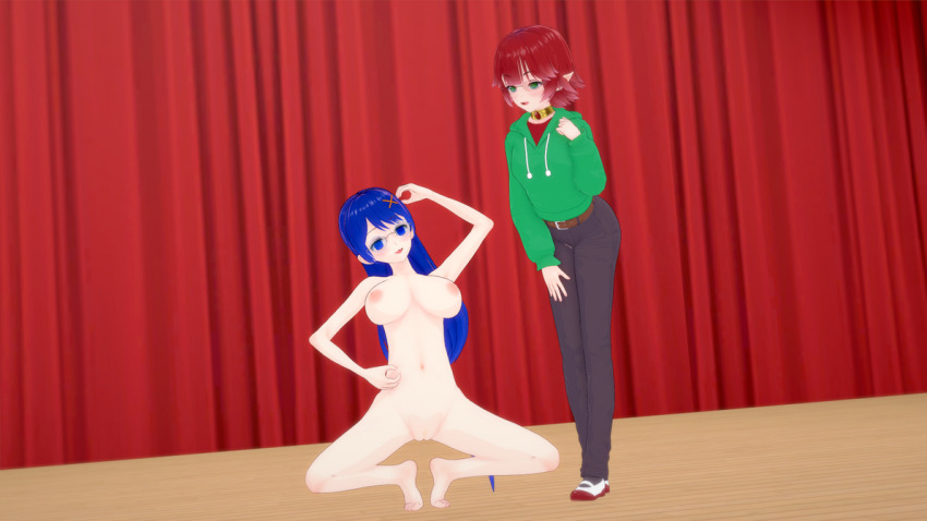 3d altered_common_sense barefoot belt blue_hair breasts choker clothed elf_ears empty_eyes feet female_only femdom femsub glasses green_hair hair_ornament happy_trance hoodie humiliation hypnovember long_hair midriff monkey_pose navel nude open_mouth pants pantyhose pet_play pussy red_hair shoes short_hair smile sonrio12 stage_hypnosis standing