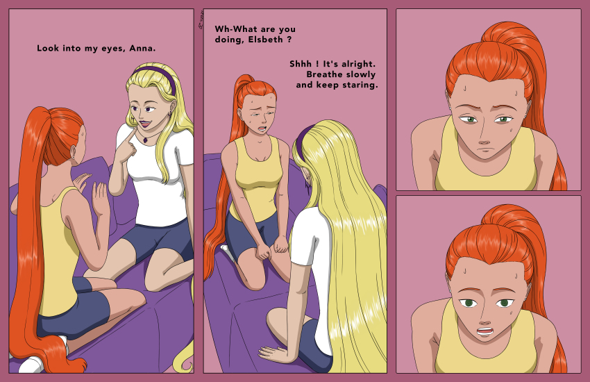 blonde_hair comic couch danielwartist female_only femdom femsub green_eyes hair_band hypnotic_eyes original ponytail purple_eyes red_hair smile spiral_eyes surprised text very_long_hair wholesome