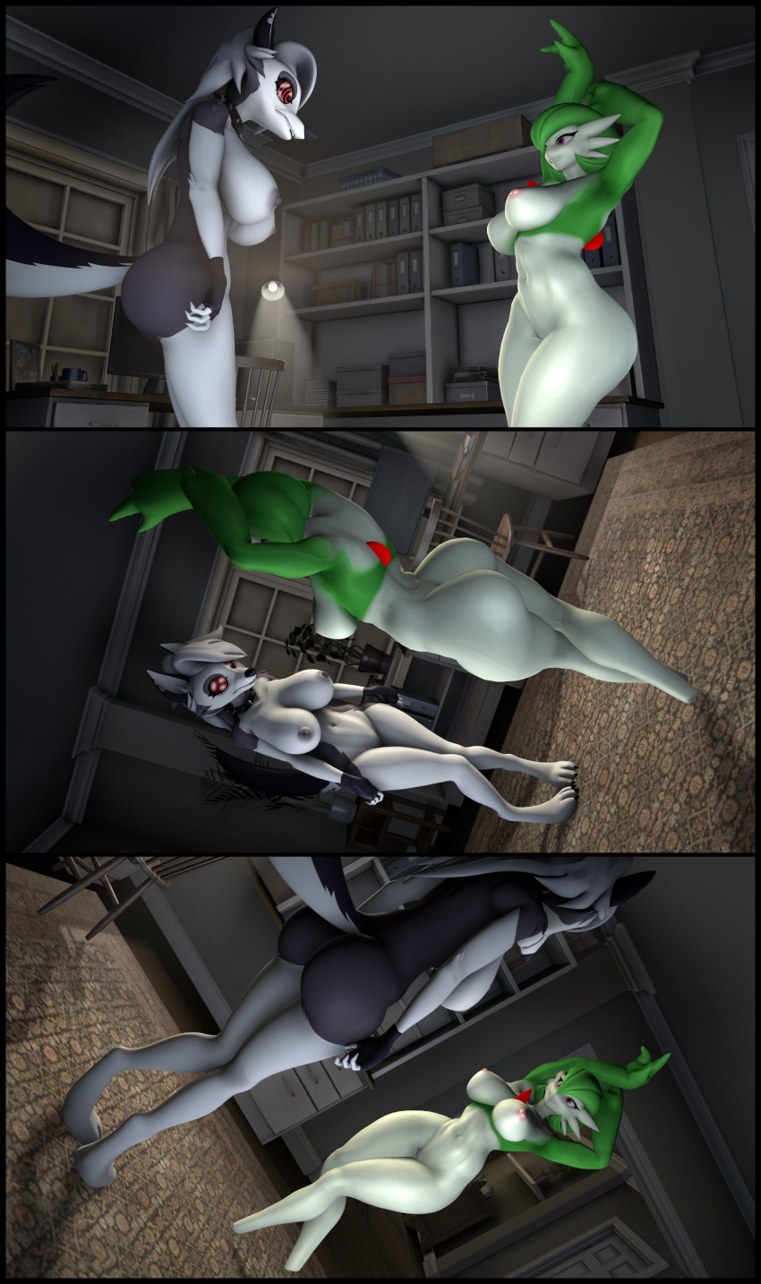 3d animal_ears female_only femsub furry gardevoir helluva_boss hypnotic_dance large_ass large_breasts loona_(helluva_boss) nintendo nipples non-human_feet pokemon red_eyes sequence spiral_eyes tail wolf_girl zonkypones