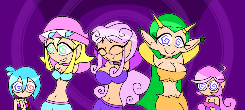 aged_up ahoge amitie arm_warmers arms_above_head blonde_hair blue_eyes blue_hair choker cleavage closed_eyes consensual crop_top dancer dancing eyebrows_visible_through_hair eyelashes femdom femsub glasses green_eyes green_hair happy_trance harem harem_outfit hat heterochromia horns hourglass_figure hypnoscream hypnotized_hypnotist large_breasts lidelle_(puyo_puyo) looking_at_viewer ms_accord navel non-binary_sub open_clothes pink_hair pov_sub pride_colors purple_background purple_hair puyo_puyo raffina red_eyes ring_background scars shiny_skin short_hair sig smile spiral_eyes vest wide_hips