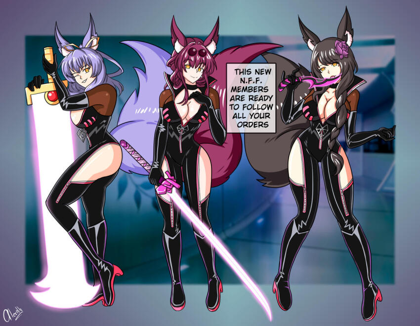 alerith black_hair blue_eyes breasts cleavage clothed corporatification costume crossover elsa_granhiert empty_eyes english_text fate/grand_order fate_(series) female_only femsub flower flower_in_hair fox_ears fox_girl fox_tail glasses glasses_on_head gloves glowing happy_trance honkai_star_rail kafka_(honkai_star_rail) koyanskaya large_breasts mole multiple_girls multiple_subs one_eye_open re:zero_starting_life_in_another_world red_hair rixia_mao smile sword tagme tail text thigh_gap thighs weapon wink yellow_eyes