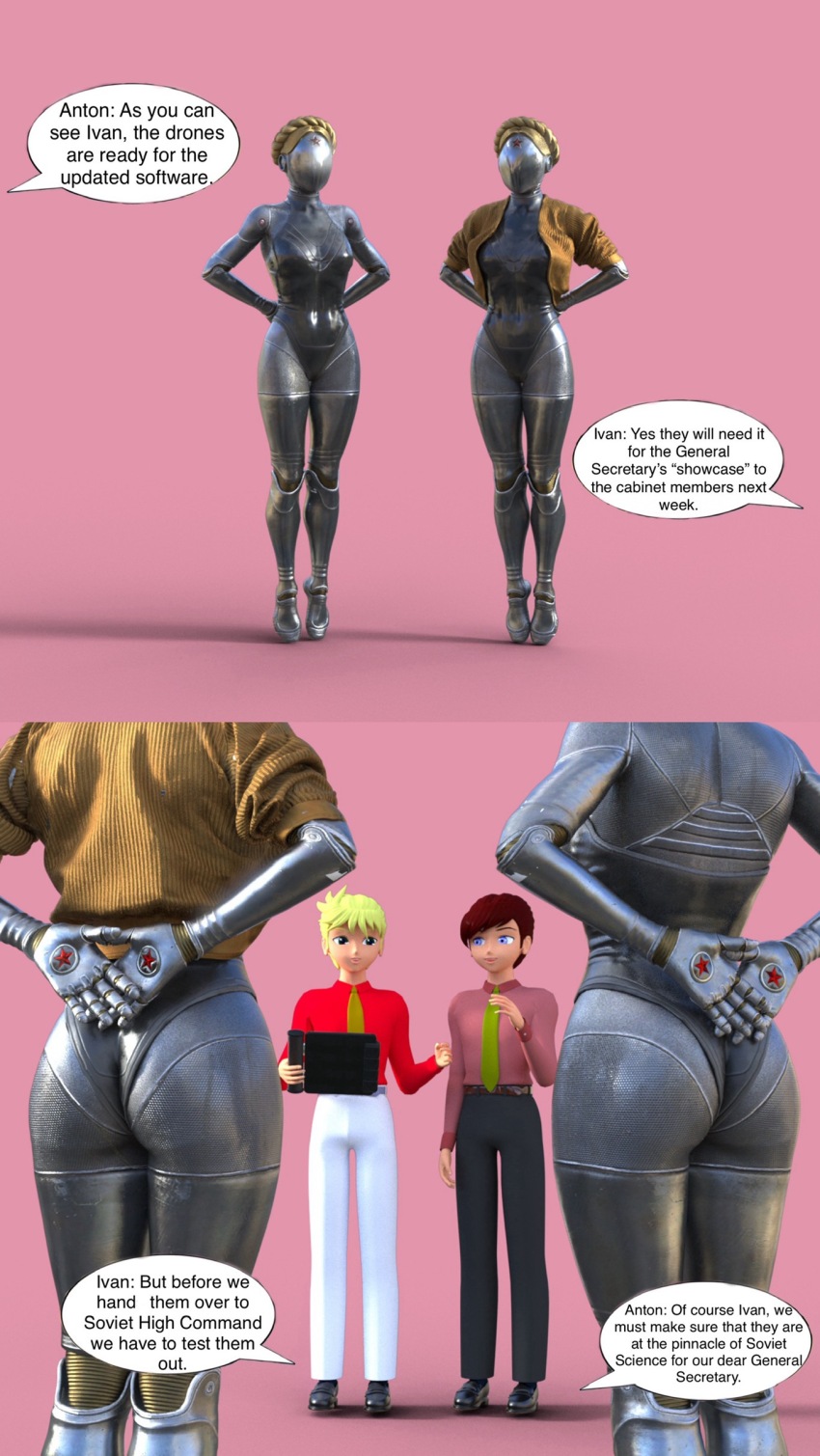 ass atomic_heart ballerina blonde_hair breasts brown_eyes brown_hair comic corruption dancing electricity evil_smile expressionless faceless femsub groping hypno-tato legs leotard maledom remote_control robot robot_girl short_hair smile tech_control text the_twins_(atomic_heart) tight_clothing