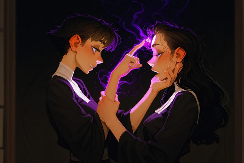 ai_art black_hair chin_hold femdom femsub finger_to_forehead long_hair magic nun open_mouth resisting short_hair sleepy tagme veeloxshadow_(generator) veeloxshadow_(manipper)