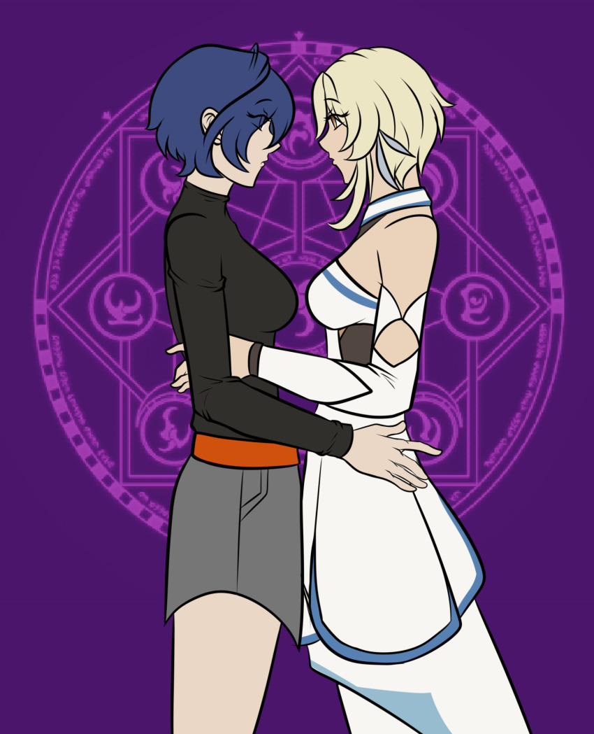 belle_(zenless_zone_zero) blonde_hair blue_hair clothed dress empty_eyes expressionless female_only genshin_impact katsiika lumine_(genshin_impact) magic magic_circle multiple_girls multiple_subs open_mouth short_hair simple_background skirt sweater yellow_eyes zenless_zone_zero