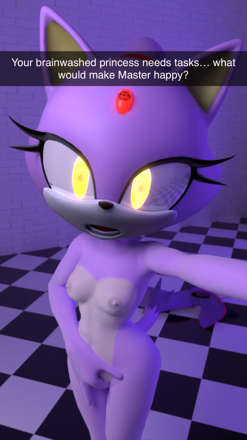 3d blaze_the_cat bottomless breasts caption cat_girl expressionless female_only femsub furry glowing glowing_eyes hypnotic_accessory hypnotic_eyes looking_at_viewer masturbation nipples nude open_mouth purple_hair purple_skin selfie snapchat sonic_the_hedgehog_(series) spiralrose23 standing symbol_in_eyes tech_control text topless yellow_eyes