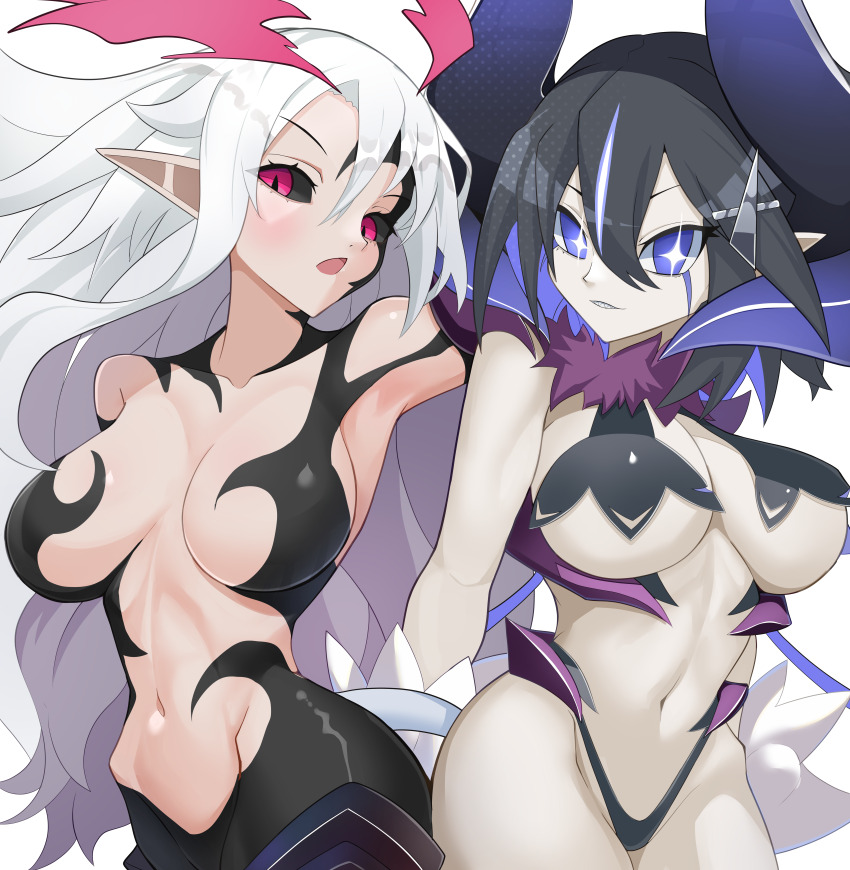 alternate_color_scheme alternate_costume alternate_form alternate_hair_color arms_behind_back asagi_asagiri ass_grab aura black_hair black_sclera blush breasts cleavage corruption demon demon_girl disgaea disgaea_5 elf_ears femsub happy_trance horns large_breasts liezerota long_hair looking_at_viewer maledom midriff navel octpus open_mouth pink_eyes possession purple_eyes short_hair smile sub_on_sub tail void_dark white_hair yuri