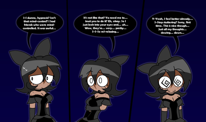 aged_up alternate_hairstyle bangs bare_shoulders black_eyes black_hair blue_background bow choker cleavage comic consensual dark_skin dress eyebrows_visible_through_hair female_only femsub freckles gradient_background hair_ribbon happy_trance hypnoscream large_breasts murder_drones open_mouth opera_gloves pov_dom sequence shiny_hair short_hair simple_background smile solo speech_bubble spiral_eyes tessa_james_elliot text white_eyes wholesome