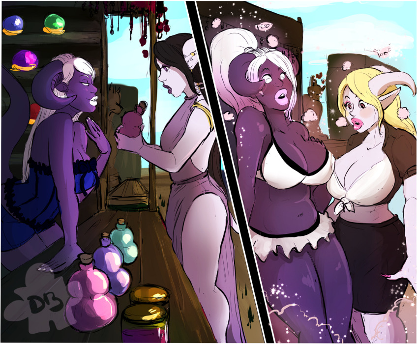 androgynous before_and_after bimbofication blonde_hair breasts brown_hair cleavage comic crossdressing draenei elf_ears feminization femsub horns huge_lips large_breasts long_hair malesub octopoodle purple_skin tail transformation transgender warcraft white_hair world_of_warcraft