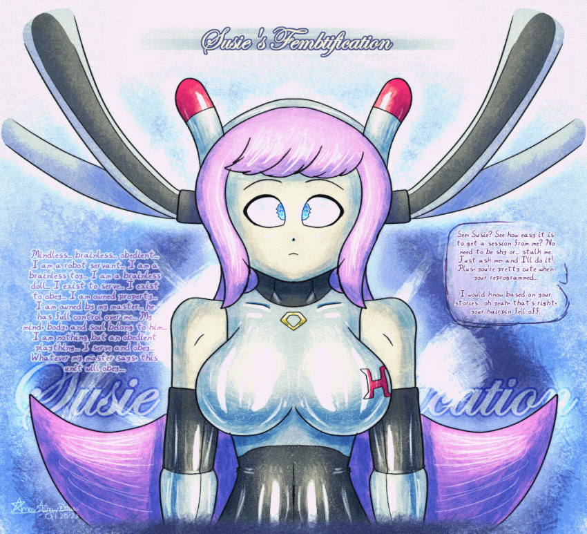 ameerashourdraws animated animated_gif blue_background blue_eyes bodysuit collarbone complex_background crop_top earpiece electricity emblem female_only femsub gloves happy_trance kirby_(series) large_breasts long_hair looking_at_viewer nintendo open_clothes pink_hair solo susie_(kirby) symbol_in_eyes tech_control text wires