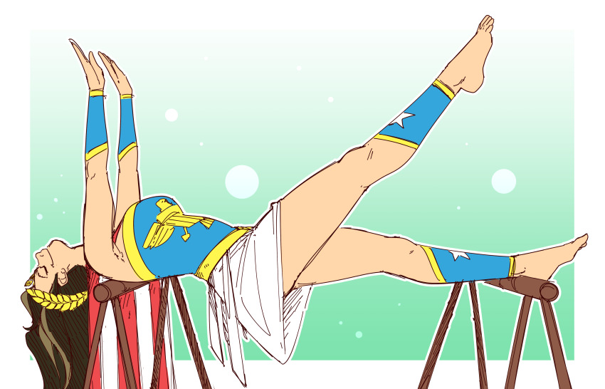 armor bare_shoulders barefoot brown_hair cape catalepsy columbia_(maggotmike) efalabrino female_only femsub happy_trance light_skin long_hair original simple_background skirt sleeping smile stage_hypnosis