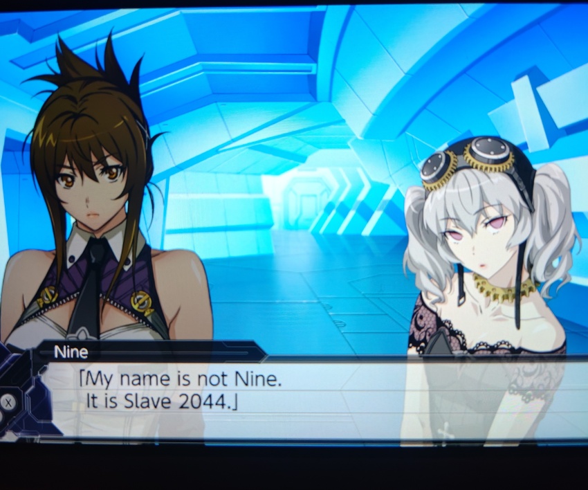 brown_hair chitose_kisaragi empty_eyes expressionless femsub goth grey_hair nine_(super_robot_wars) robot robot_girl super_robot_wars text twintails video_game