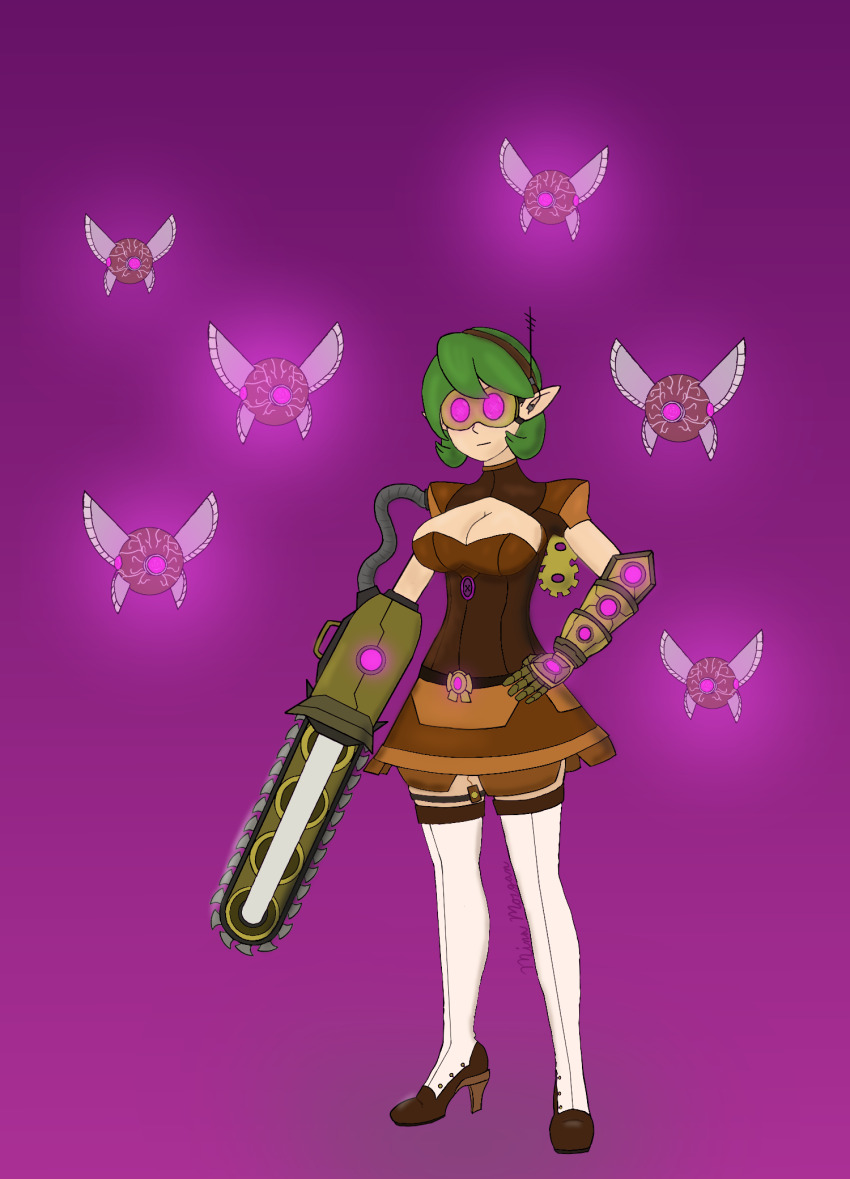 aged_up antenna boots breasts cleavage_cutout dress elf_ears enemy_conversion fairy femsub gauntlets glowing goggles green_hair hand_on_hip mina_morgan_(artist) nintendo saria steampunk tech_control the_legend_of_zelda thigh_boots vibrator wind-up_key