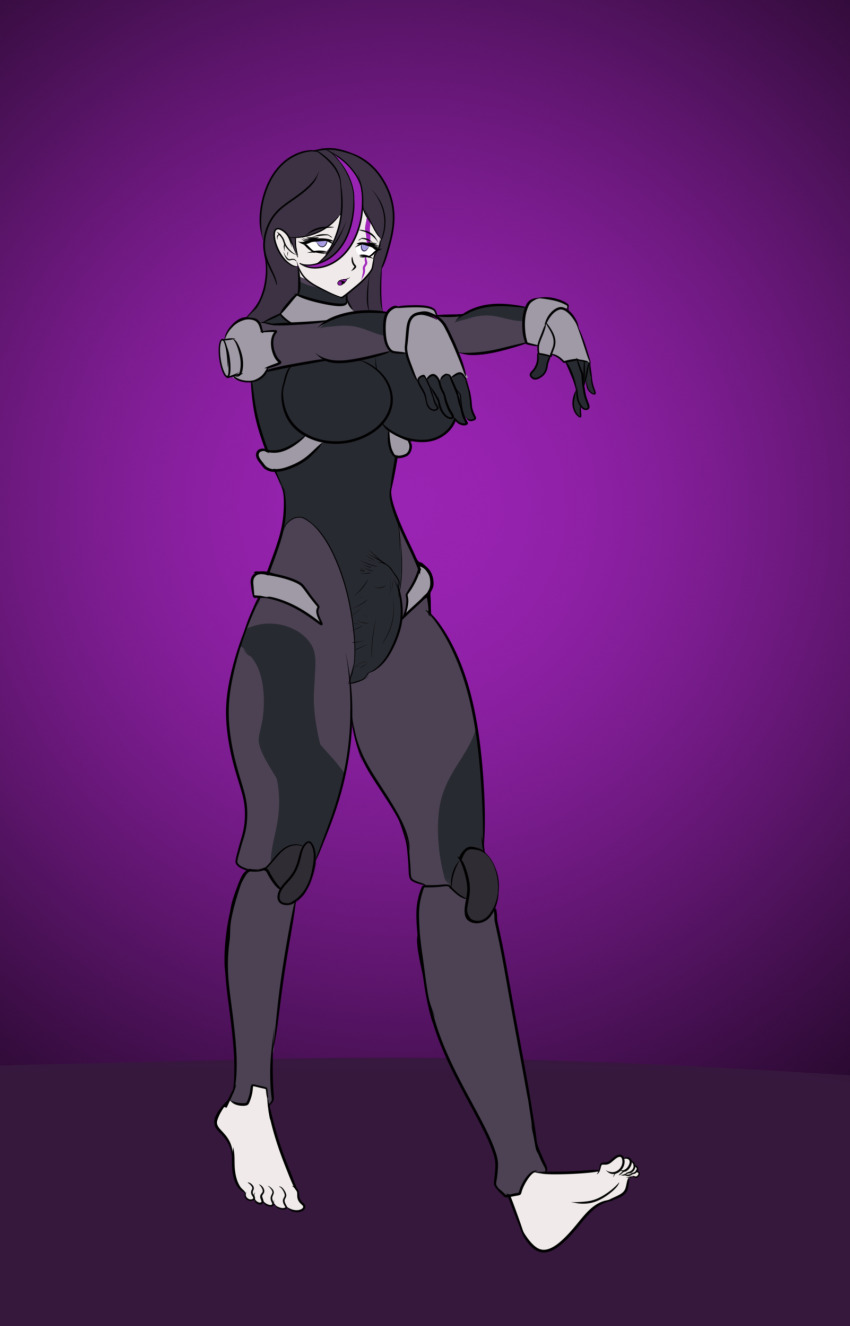 barefoot bodysuit clothed dazed empty_eyes eva_(hundred_line) feet female_only femsub gloves hundred_line katsiika long_hair open_mouth purple_eyes purple_hair simple_background zombie_walk