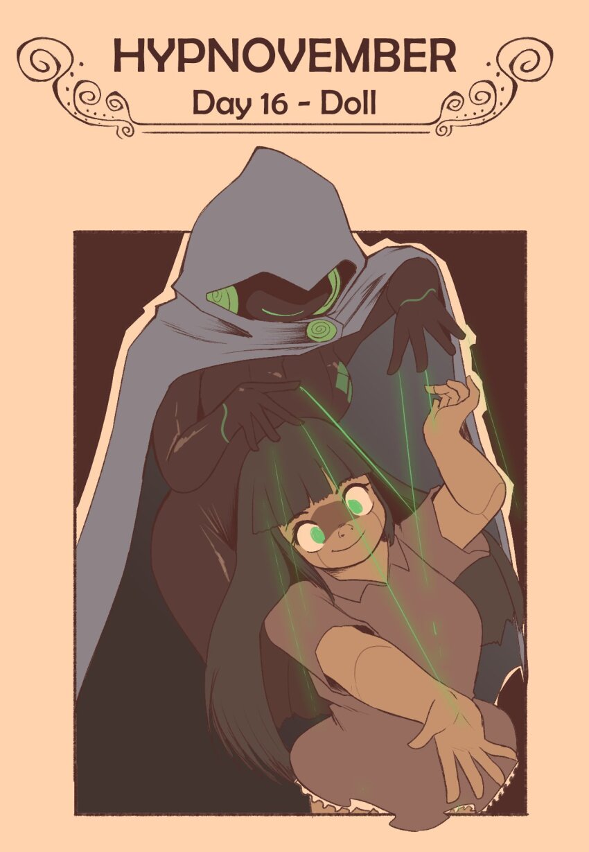 black_hair cloak dark_skin doll female_only femdom femsub glowing glowing_eyes green_eyes happy_trance hypnovember long_hair mary_mavys_(pstash) original pstash puppet smile