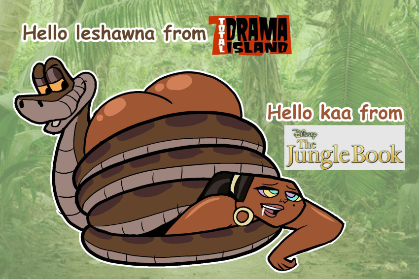 ass black_eyes black_hair coils dark_skin dialogue disney drool english_text femsub forest huge_ass kaa kaa_eyes leshawna maledom meme nude open_mouth outdoors singlesalt snake snake_boy text the_jungle_book total_drama yellow_sclera