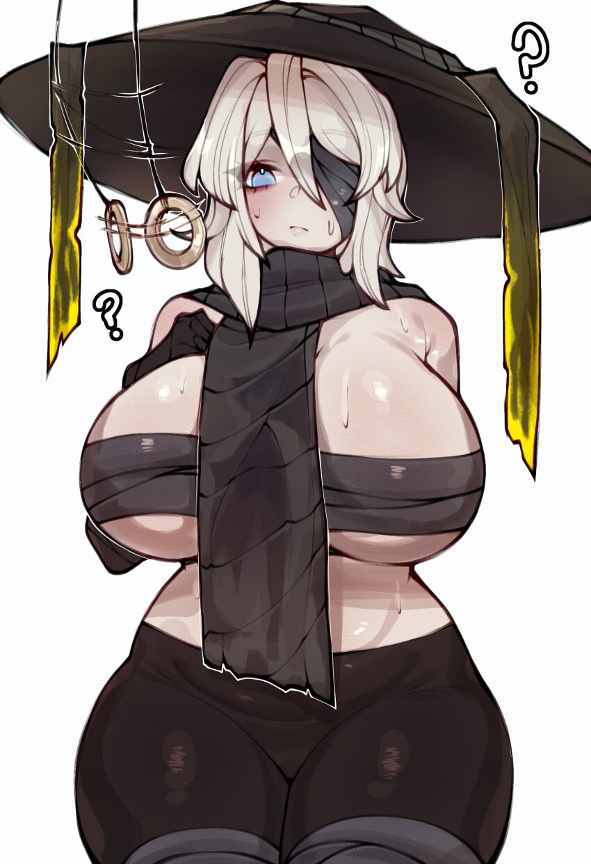 bare_shoulders blue_eyes blush coin eyepatch faust_(limbus_company) femsub hat huge_breasts large_breasts limbus_company midriff pendulum renata11033 scarf sweat thick_thighs tight_clothing unaware white_hair wide_hips