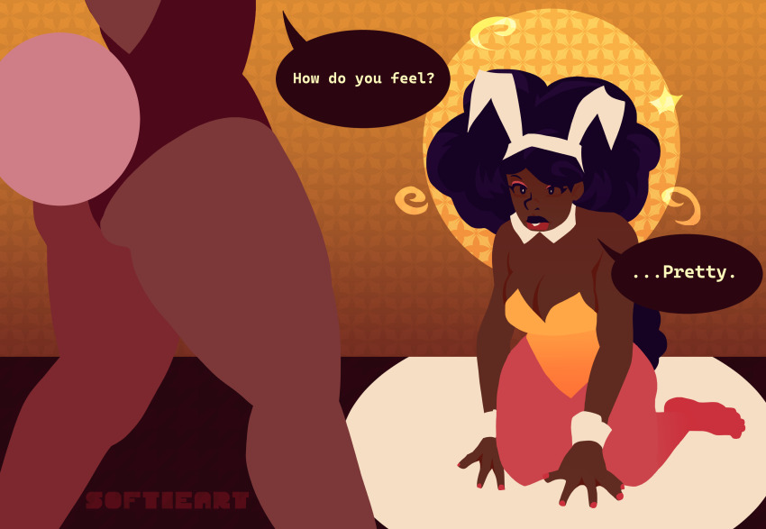 afro ass black_hair breasts bunny_(softieart) bunny_ears bunny_girl bunnysuit cleavage dark_skin dialogue female_only femdom femsub hope_(hypnolordx) kneeling original signature softieart speech_bubble