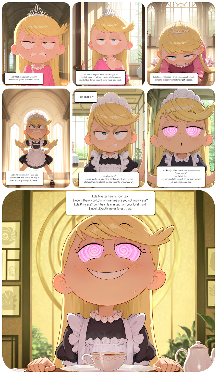 ai_art angry blush comic femsub happy_trance hypnotic_eyes lola_loud loud_house maid maid_headdress maledom smile spiral_eyes spiralwash_eyes sweat