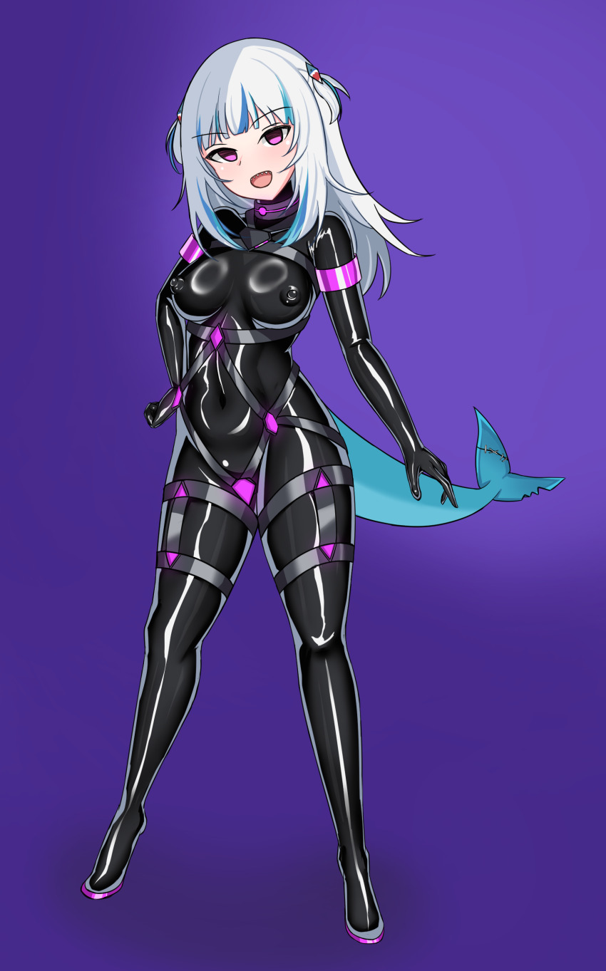 bodysuit corruption empty_eyes erect_nipples gawr_gura hololive hololive_english latex mission_mermaiden pink_eyes rispz rubber simple_background smile tail virtual_youtuber white_hair