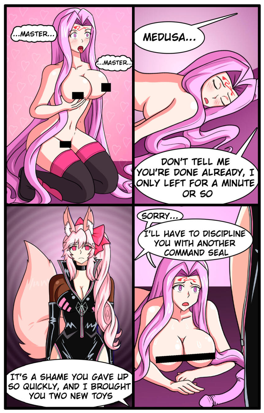 alerith blush bottomless breasts censored choker cleavage closed_eyes comic command_seal dialogue empty_eyes english_text expressionless facial_markings fate/grand_order fate/stay_night fate_(series) femsub fox_girl fox_tail goddess heart kneeling koyanskaya large_breasts lying maledom medusa_(fate) medusa_(rider)_(fate) open_mouth purple_eyes purple_hair ritsuka_fujimaru_(male) sitting speech_bubble symbol text thighhighs thighs thought_bubble tongue tongue_out topless very_long_hair