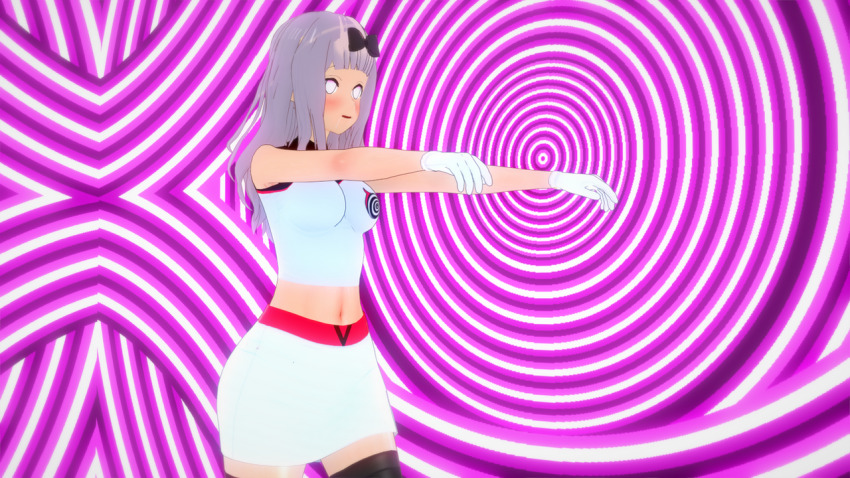 3d bow crop_top empty_eyes femsub fujiwara_chika gloves kaguya-sama_love_is_war long_hair pink_hair skirt spiral surrisaki team_hypno zombie_walk