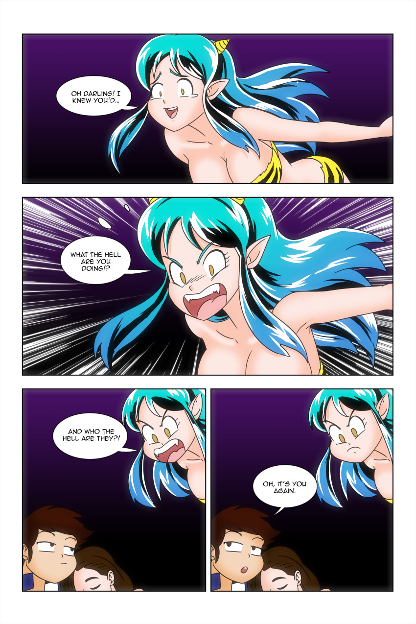 alien_girl angry ataru_moroboshi bare_shoulders barefoot bikini bikini_bottom bikini_top breasts brown_eyes brown_hair cleavage closed_eyes comic dialogue empty_eyes english_text femsub harem horns large_breasts laughing long_hair lum maledom midriff multicolored_hair oni_girl open_mouth school_uniform short_hair sitting smile speech_bubble tears text urusei_yatsura wadevezecha