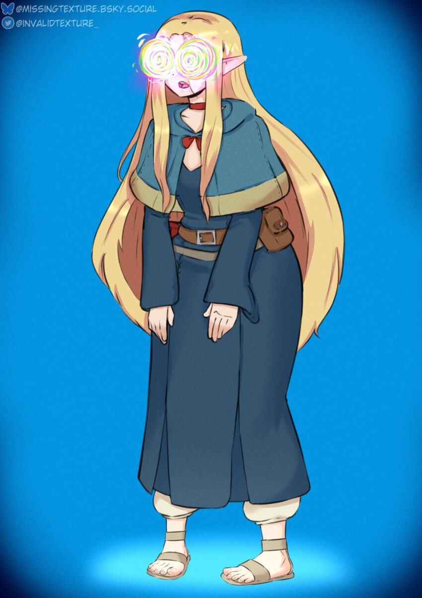 belt blonde_hair blue_background bow_tie choker clothed collarbone dazed delicious_in_dungeon dress elf elf_ears feet female_only femsub flat_chest fortnite hoodie hypnot-eyes long_hair long_skirt marcille_donato open_mouth pants sandals simple_background solo staff standing transparenttexture