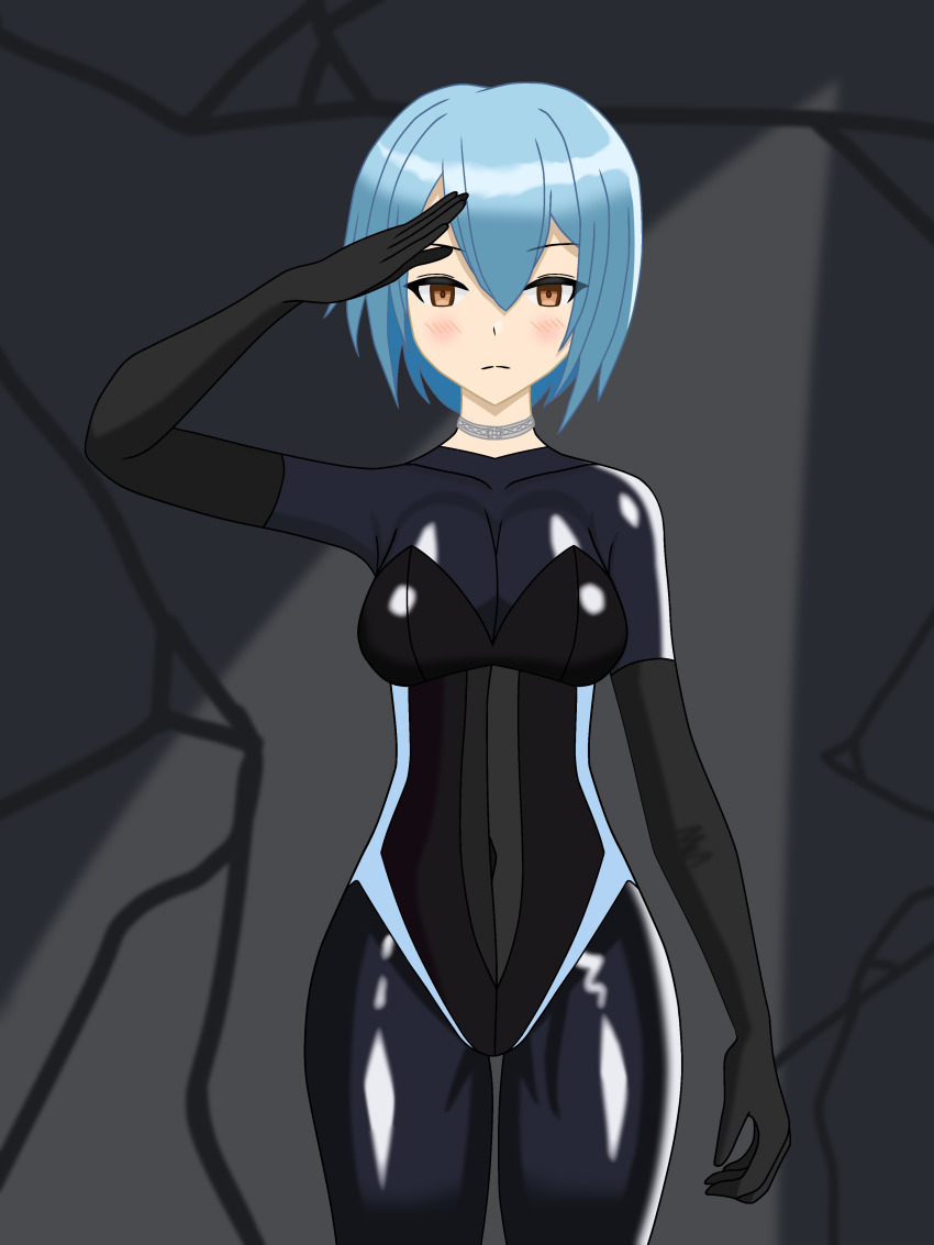 absurdres aoi_(shuxshun) blue_hair bodysuit breasts brown_eyes choker cleavage empty_eyes female_only femsub gloves latex leotard opera_gloves original rubber saluting short_hair shuxshun solo standing standing_at_attention tight_clothing
