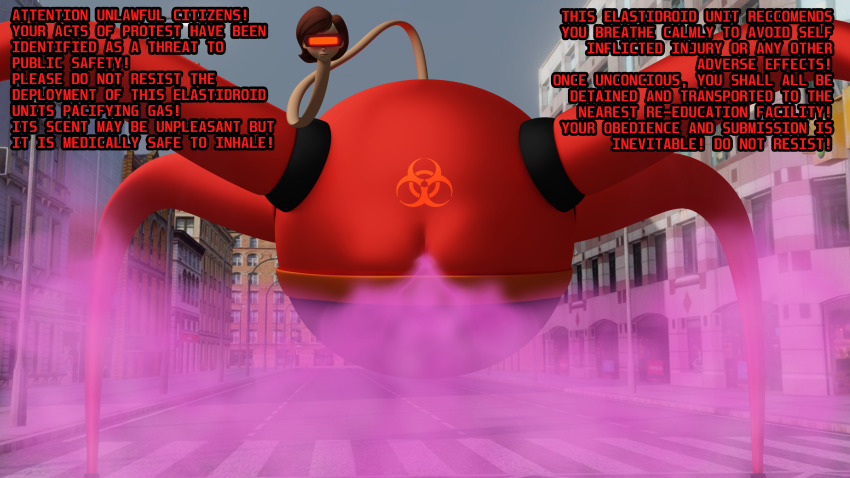 3d absurdres ambiguous_pov androgynous_sub ass ass_focus belt bodysuit brown_hair corruption dialogue disney drone dronification elastigirl english_text expressionless fart female_only femsub gloves helen_parr hypnotic_gas looking_at_viewer omnidroid outdoors pixar pov pov_sub short_hair sleepyheadrequiem smoke solo super_hero tech_control text the_incredibles transformation visor