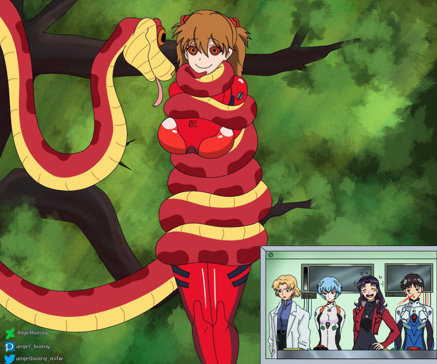 4ngelbunny alternate_color_scheme asuka_langley_soryu blonde_hair blood blue_hair blush bodysuit bondage breasts brown_hair closed_eyes coils crossover disney femsub forked_tongue hanging_down happy_trance hypnotic_eyes kaa kaa_eyes lab_coat long_hair maledom misato_katsuragi neon_genesis_evangelion nosebleed orange_hair purple_hair red_skin rei_ayanami restrained ritsuko_akagi shinji_ikari short_hair smile snake symbol the_jungle_book tongue tongue_out trees twintails