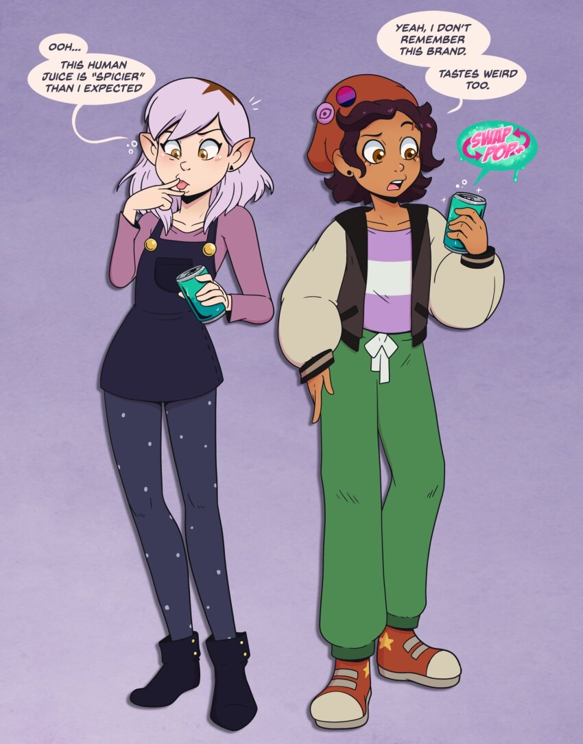 amity_blight before_and_after bimbofication brown_hair elf_ears hypnotic_drink luz_noceda purple_hair text the_owl_house wrenzephyr2
