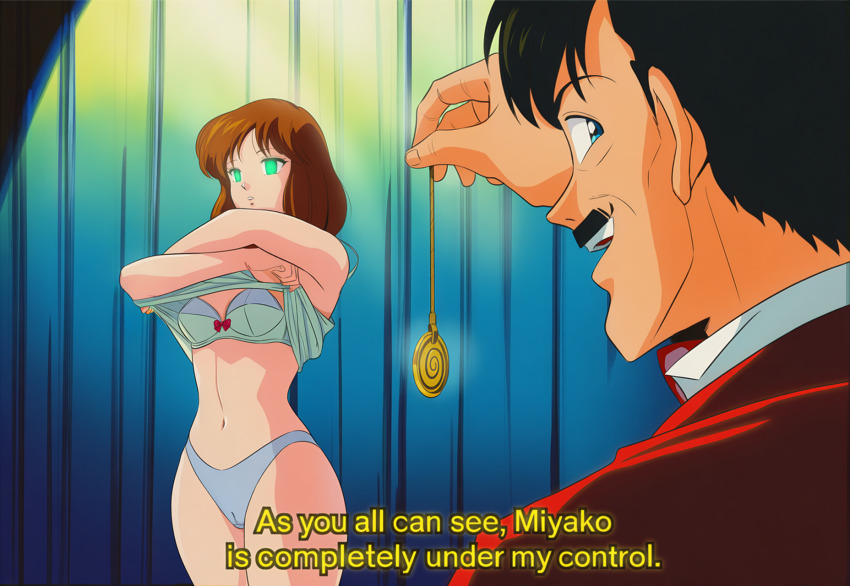 ai_art black_hair bra brown_hair character_request copyright_request empty_eyes english_text expressionless femsub green_eyes hellsing002_(generator) looking_at_viewer looking_back maledom mustache panties pendulum short_hair smirk stage_hypnosis subtitled text undressing