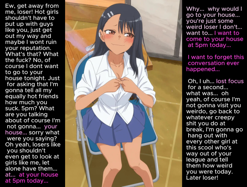black_hair blush brown_eyes clothed femsub hayase_nagatoro ijiranaide_nagatoro-san long_hair manip piercing pov pov_dom resisting school_uniform shirt skirt smug text violaswirl_(manipper)