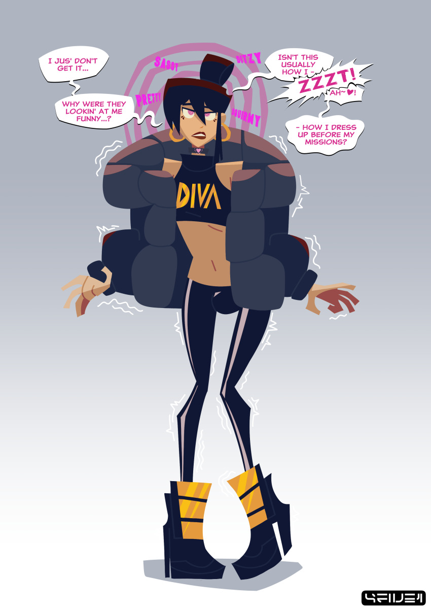 4five1 androgynous collar crop_top high_heels jacket male_only malesub navel original pants ring_eyes short_hair text updo