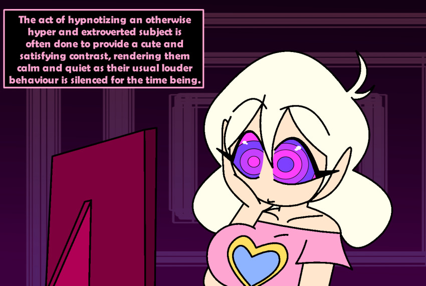 abbie_(mindwave) aged_up ahoge bare_shoulders blonde_hair collarbone english_text expressionless eyebrows_visible_through_hair eyelashes femsub hand_on_head heart hypnoscream hypnotic_screen large_breasts mindwave ring_eyes simple_background solo