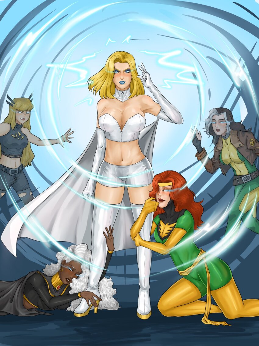 blonde_hair blue_eyes emma_frost female_only femdom femsub kneeling long_hair magik marvel_comics multicolored_hair multiple_girls multiple_subs psychic red_hair rogue spicycheese storm super_hero white_hair x-men