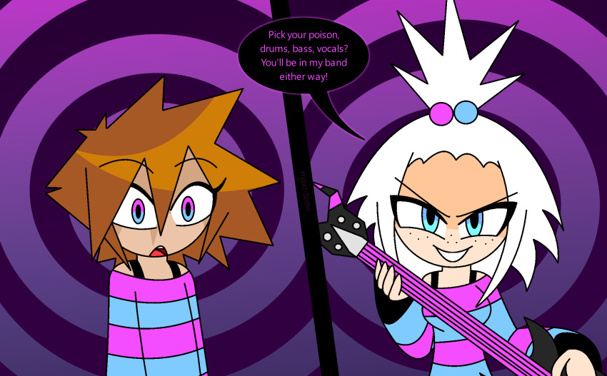 bare_shoulders blue_eyes brown_hair crossdressing crossover disney empty_eyes evil_smile eyebrows_visible_through_hair eyelashes femdom freckles gradient_background guitar hypnoscream hypnotic_music kingdom_hearts looking_at_viewer malesub nintendo open_mouth pink_eyes pokemon pokemon_black_and_white purple_background ring_background roxie_(pokemon) shirt smirk sora speech_bubble square_enix text tied_hair