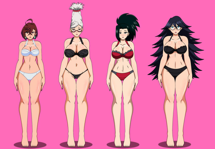 ahoge bare_legs barefoot black_eyes black_hair blue_eyes bra brown_eyes brown_hair cleavage collarbone dandadan dlobo777 earrings empty_eyes expressionless femsub glasses heavy_eyelids huge_breasts large_breasts large_hips long_hair milf momo_ayase momo_yaoyorozu multiple_girls multiple_subs my_hero_academia navel nemuri_kayama open_mouth panties ponytail seiko_ayase short_hair simple_background standing standing_at_attention underwear very_long_hair white_hair