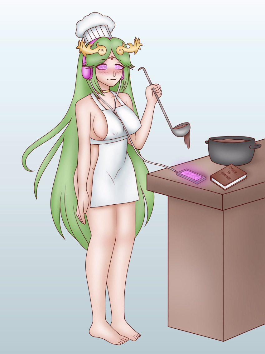 apron ass blush book clothed_exposure collar female_only femsub green_hair happy_trance headphones hypnotic_music jewelry kid_icarus long_hair naked_apron nintendo palutena phone pink_eyes simple_background smile spiral_eyes tagme tech_control topless yumiiart