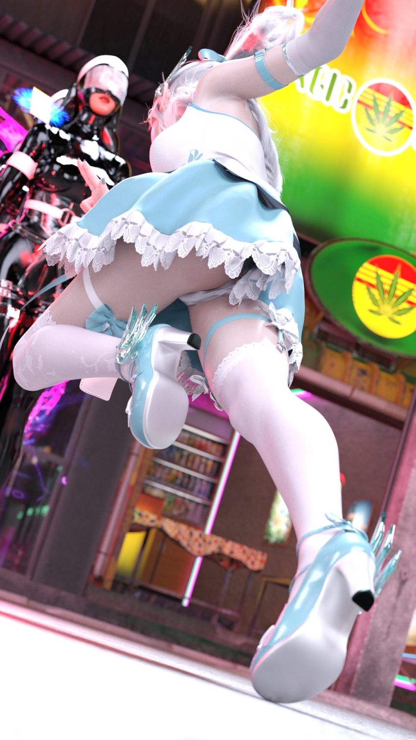 3d arm_bands ass bare_shoulders belt blindfold bodysuit boots bow breasts corset drone expressionless female_only femsub garter garter_straps gloves harness high_heels kui_(artist) lipstick magical_girl mask multiple_girls nun opera_gloves original panties red_lipstick rubber silver_hair skirt socks standing standing_at_attention tech_control thighhighs