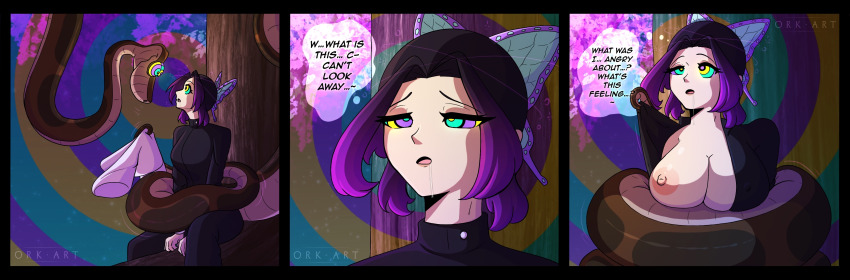 black_hair breasts butterfly comic demon_slayer disney english_text hair_ornament hypnotic_eyes kaa kaa_eyes multiple_views nipples orkart outdoors purple_hair shinobu_kocho signature sitting snake text the_jungle_book trees undressing