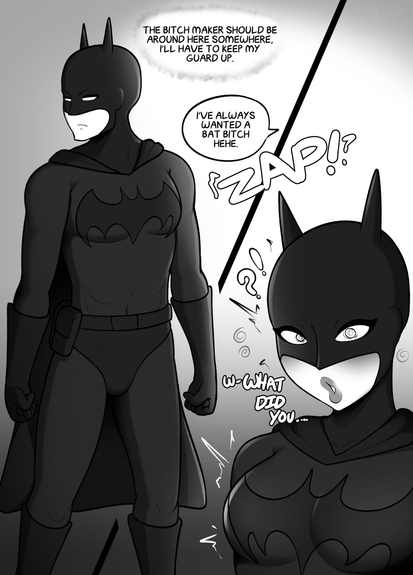 abarus aware batman bimbofication breast_expansion clothed confused dc_comics dialogue english_text femboy feminization lip_expansion male_only malesub spiral super_hero text