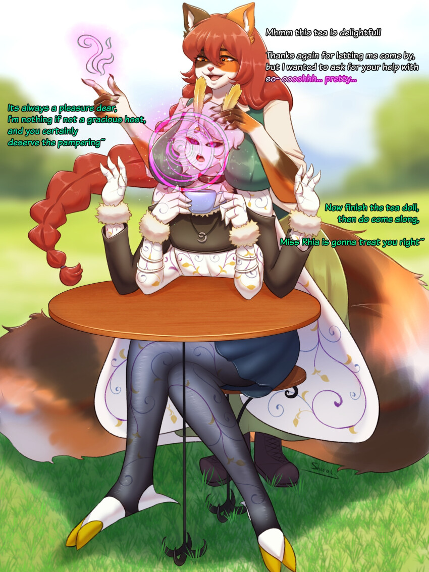antenna antenna_(biology) black_sclera blue_eyes boots braid cat_ears cat_girl choker clothed dazed dress femboy femdom furry head_in_breasts hypnotic_hands hypnovember kishka_(tailorkishka) large_breasts malesub moth_boy multiple_arms necklace open_mouth orange_eyes original outdoors red_hair shieol1 shirt short_hair skirt spiral table tail tea text thighhighs very_long_hair wings wrist_band